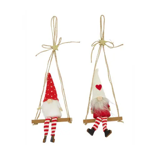 Décoration à suspendre gnome rouge et blanc sur balançoire - 10 x 4 x 20 cm