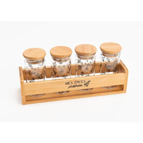 Support en bambou et 4 pots épices coloris transparent en verre - 8 x 11,5 x 25,8 cm