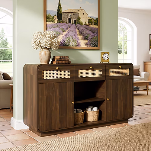 Buffet aspect noyer – avec 2 portes et 3 tiroirs en rotin, compartiments ouverts, Noyer