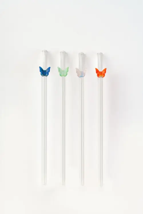 Coffret de 4 pailles en verre transparent avec papillon - Ø 0,8 x H 17 cm