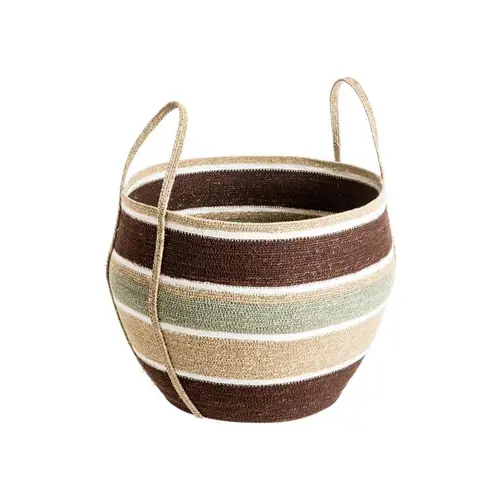 Panière ronde rayée multicolore avec anses en osier grand modèle - Ø 49 x H 36 cm
