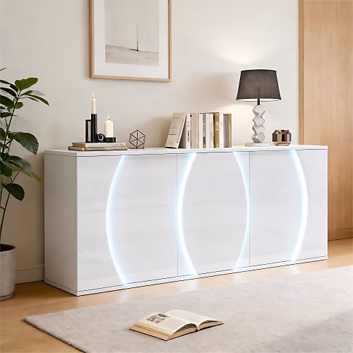 Buffet laqué brillant 150 × 40 × 70 cm – Meuble de salon 3 portes, Éclairage LED, Panneaux de particules, Blanc