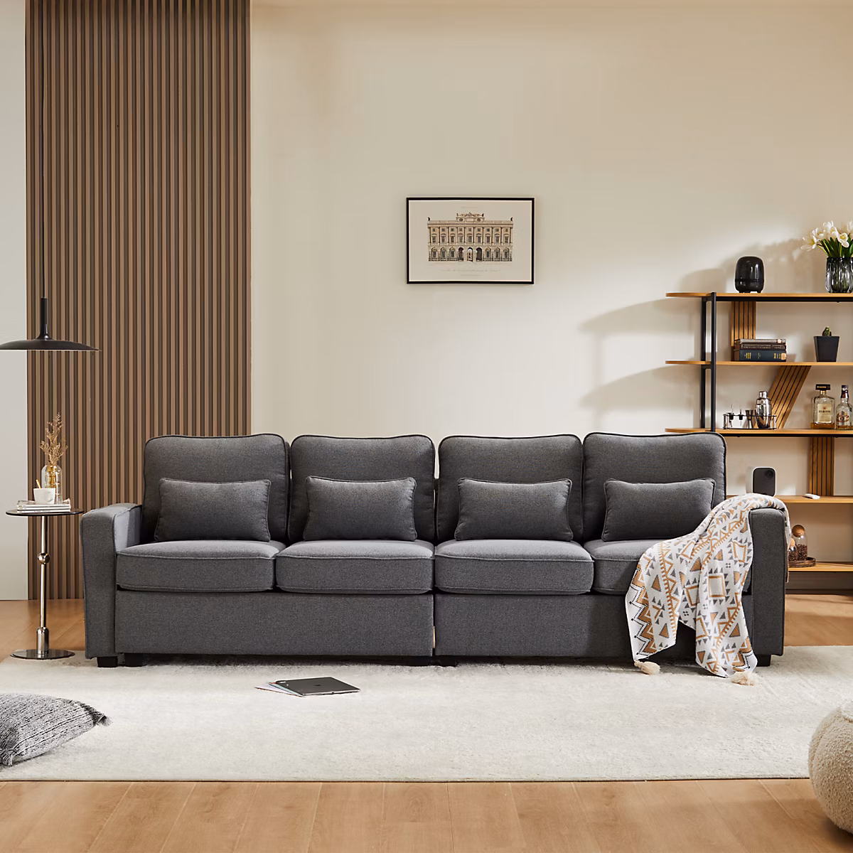 Canapé 4 places – 264 × 83 × 87cm, tissu lin, avec poches d'accoudoir et 4 coussins, style simple, pour le salon, gris foncé
